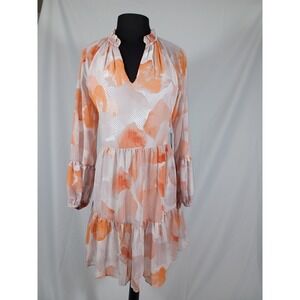 Express Dress Womens Small Orange White Tiered Long Sleeve Boho Ruffle Sheer New